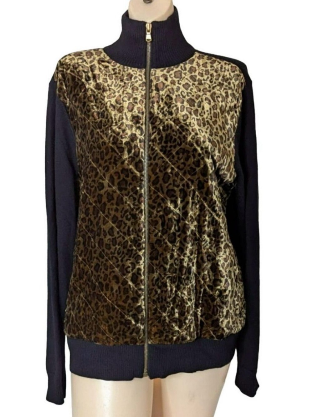 Vintage Ralph Lauren Velour Knit Zip Up Jacket Quilted Leopard Print XL